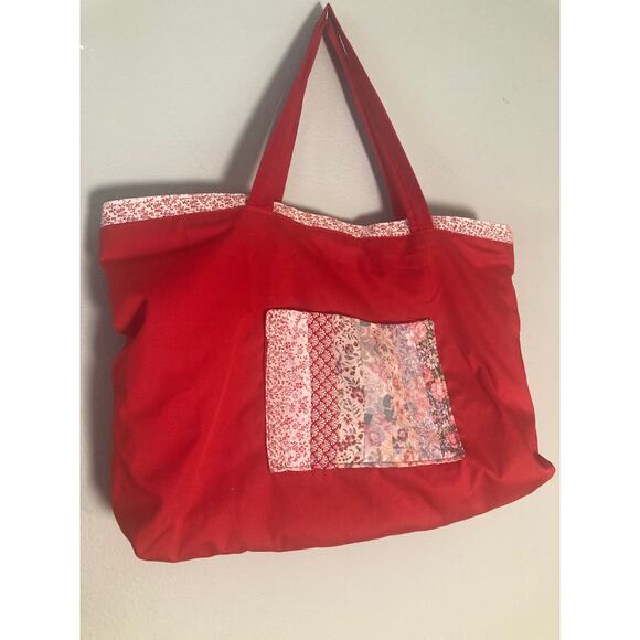Handmade Vintage Quilted Patchwork Tote Bag Pink & Red Reversible Cottagecore - Picture 5 of 5